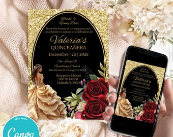 May include: Gold glitter and black Quinceañera invitation with red roses and a gold and white dress. The invitation includes the text "Valeria's Quinceañera Diciembre | 20 | 2026" and the text "Our Lady Of Guadalupe Church 4562 Hemes St. Orange CA 92865 Reception 5:00pm 1550 W 84th St Hialeah FL 33014".