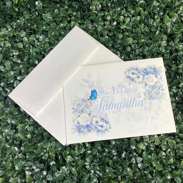 White Printed Quinceanera Envelope, Light Blue Floral Printed Envelope, A7 Announcement Envelopes 5 1⁄4 x 7 1⁄4" Invitation, Custom Printing