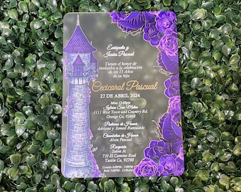 Frosted Acrylic Mirror Quinceanera Invitation: Tangled Rapunzel Theme