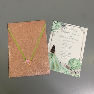 Rose Gold Glitter Quinceanera Invitation with Sage Green Ribbon & Rhinestone