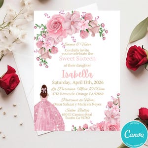 Blush Floral Quinceañera Invitation, Template, Blush Floral Digital Invite Mis XV Quince, Canva Template  Sweet 16, Instant Download AI-134