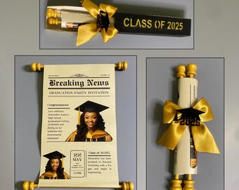 Scroll Graduation Invitation: Black & Gold, Wood Rods, Bow