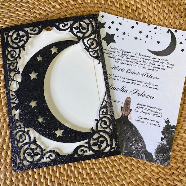 Black Glitter Quinceanera Invitation, Moon and Stars Invitation, Quinceanera Invitation, starry night Invitation, Black Glitter, Pocket 5x7"