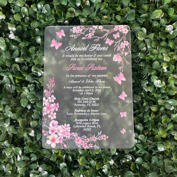 Frosted Acrylic Quinceanera Invitation, Cherry Blossom Quinceanera Invitation, Blush pink Invitation, Frosted Invitation, Acrylic Invitation