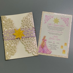 Champagne Gold and Lilac Tangled Invitation, Tangled Quinceanera Invite, Tangled Invite, Rapunzel Princess, Lilac Ribbon, Gold Acrylic Sun
