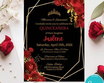 Red Roses Quinceañera Invitation Template: Gold Frame (Digital)