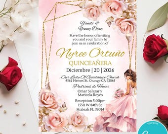 May include: A pink and gold Quinceañera invitation featuring a floral design and a silhouette of a young woman in a pink dress. The text reads "Nyree Ortuño Quinceañera Diciembre | 20 | 2026" and includes the church, address, and reception details.