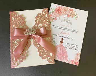 Rose Gold Glitter Blush Ribbon Quinceanera Invitation Rose Gold Glitter Invitation, Quinceanera Invitation, Silver Crown Blush Invitation