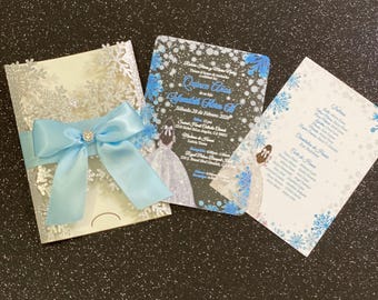 Snow Flakes with Clear Acrylic: Silver Glitter Laser Cut Pocket with Baby Blue Ribbon