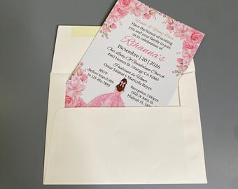 Pearl Paper Quinceanera Invitation: Pink Roses, Shimmer Cardstock