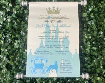 Scroll Quinceanera Invitation: Silver Rods, Princess Design