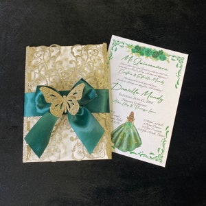 Champagne Glitter Quinceanera Invitation: Emerald Green Ribbon, Laser Cut Butterfly
