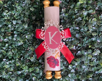 Scroll Quinceanera Invitation, Wood Gold Rods, Red Gold Quinceanera Invitation, Quinceañera, Sroll Invite, Scrolling Invitation, Gold Scroll