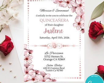 Cherry Blossom Quinceañera Invitation: Pink Floral Canva Template (Digital Download)