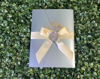 Light Blue Floral Wedding Invitation: TriFold Pocket with Ivory Ribbon