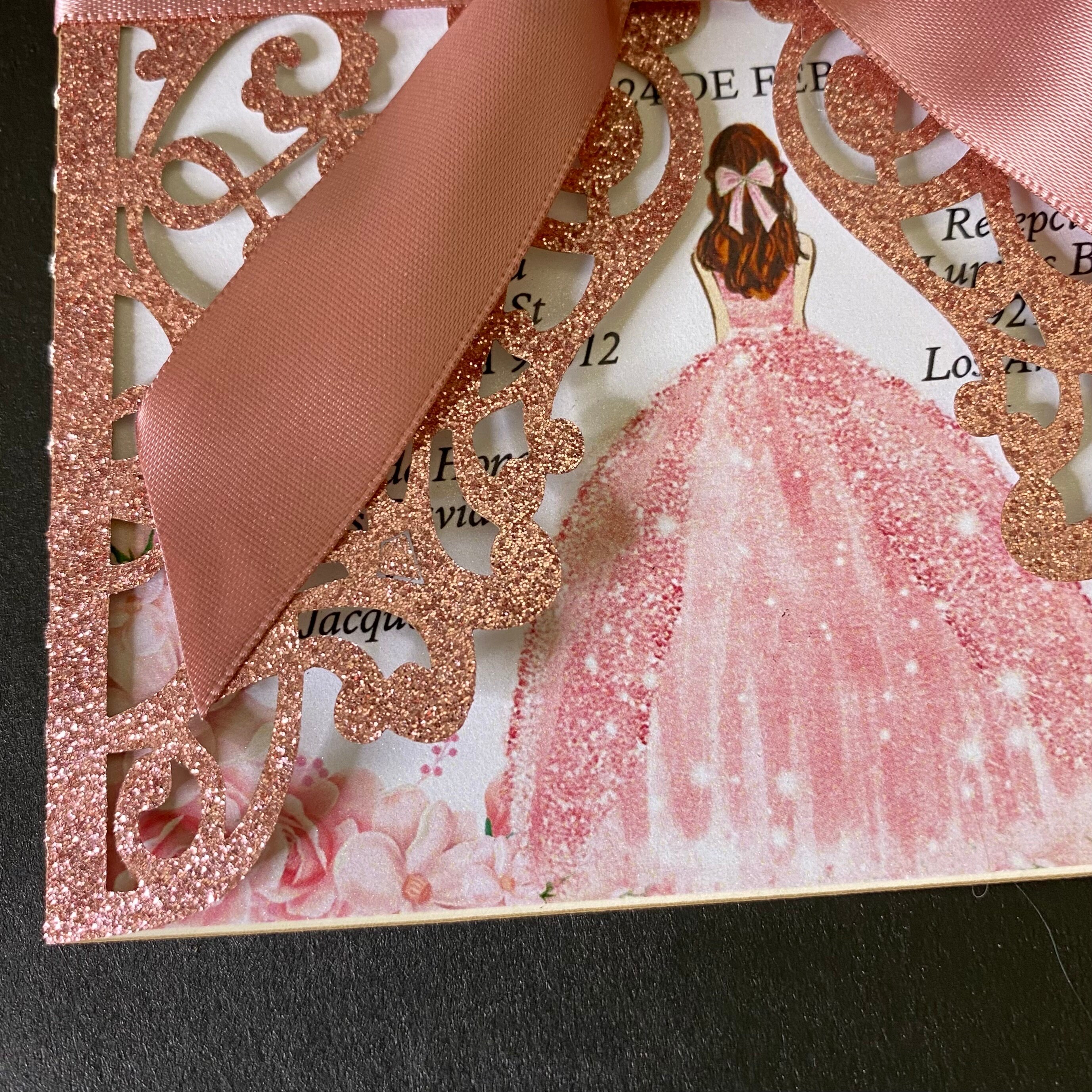 rose gold sparkle dress quinceanera invitation Rose Gold Glitter Quinceanera Invitation: Blush Ribbon, Silver Crown