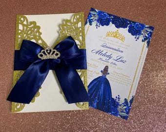 Gold Glitter Quinceanera Invitation: Navy Blue Ribbon, Gold Crown