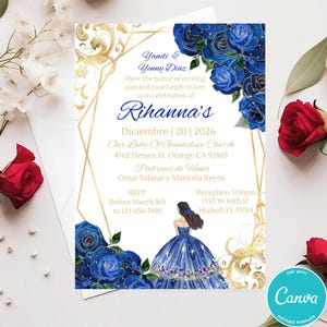 Royal Blue Gold Floral Princess Quinceanera Invitations, Royal Blue & Gold Floral Quince Invite Digital, Sweet Sixteen Canva Template AI-204