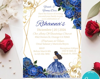 Editable Invitation Quinceañera Royal Blue Gold Charro, Mis