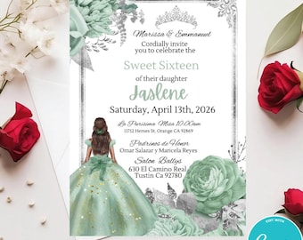 Sage Green Floral Quinceañera Invitation: Editable Template (Digital Download)