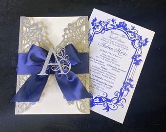 Silver Glitter Laser-Cut Quinceanera Invitation: Navy Ribbon & Bow