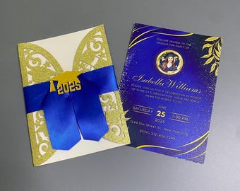 Royal Blue Glitter Graduation Invitation with Gold Cap & Bow