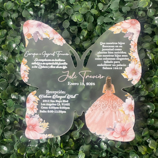 Frosted Acrylic Quinceanera Invitation, Blush Invitation, Blush Floral Quinceanera Invitation, Butterfly Shape, Acrylic Mirror, Blush Pink