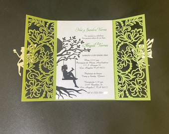 Green Sage Laser Cut Quinceanera Invitation: Fairy Butterfly Design