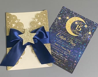 Starry Night Champagne Gold Quinceañera Invitation, Sparkly Holographic, Dark Navy Blue, Sweet 16 Birthday Girl, Ribbon bow, Glitter Invite