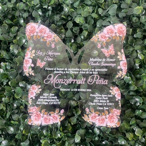 Clear Acrylic Quinceanera Invitation, Blush Invitation, Blush Floral Quinceanera Invitation, Butterfly Shape, Acrylic Mirror, Blush Pink