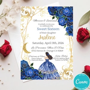 Royal Blue Gold Floral Princess Quinceanera Invitations Canva Template, Royal Blue & Gold Floral Quince Invite Digital, Sweet Sixteen AI-024