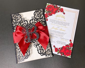 Black Glitter Quinceanera Invitation, Dark Red Ribbon Invitation, Quinceanera Invitation Charro Invite, Laser Cut Invitation, Red And Black