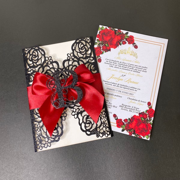 Black Glitter Quinceanera Invitation, Dark Red Ribbon Invitation, Quinceanera Invitation Charro Invite, Laser Cut Invitation, Red And Black