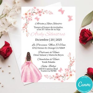 Blush Floral Quinceañera Invitation, Template, Blush Floral Digital Invite Mis XV Quince, Canva Template  Sweet 16, Instant Download AI-154