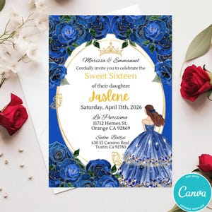 Royal Blue Gold Roses Quinceañera Invitation, Template, Gold Butterfly Digital Invite Mis XV Quince, Gold Crown, Sweet 16, Download AI-114