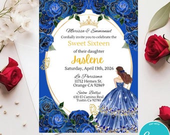 Royal Blue Gold Roses Quinceañera Invitation: Butterfly Crown (Digital Download)