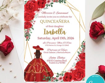 Mexican Charro Quinceañera Invitation: Red Dress, Gold (Editable Template)