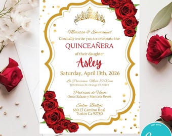 Red Roses Quinceañera Invitation Template: Gold Frame (Canva Download)