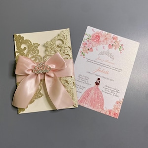 Blush Pink and Champagne Gold Quinceañera Invitation, Floral Mis Quince Anos, Sweet 16 Birthday Girl Tiara, Blush Ribbon bow, Glitter Invite