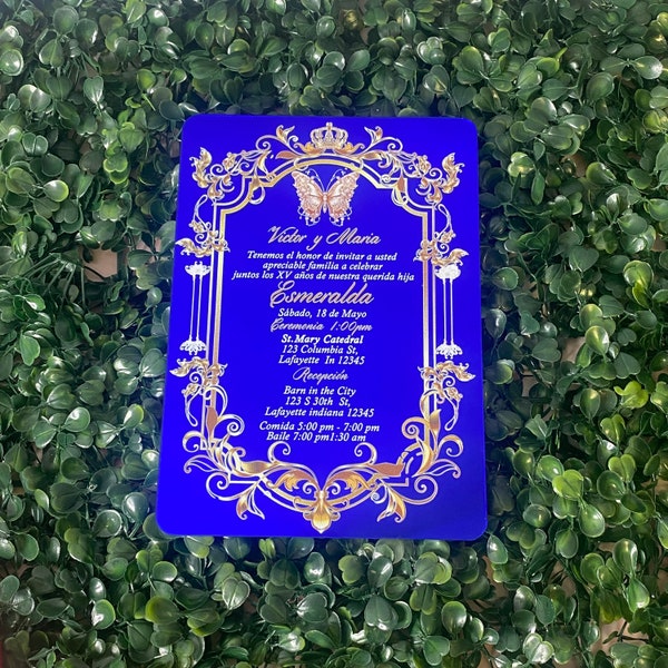 Royal Blue Acrylic Mirror Quinceanera Invitation, Royal Blue Gold Invitation, Royalty Quinceanera Invitation, Acrylic Invitation, Mirror