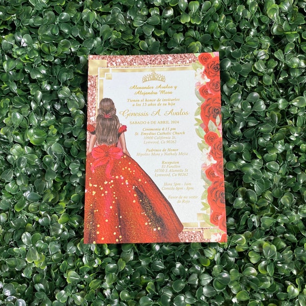 Pearl Paper Invitation, Quinceanera Invitation, Red Floral Invitation, Red Roses Invitation, Flowers Invite Shimmer Paper Invitation Printed