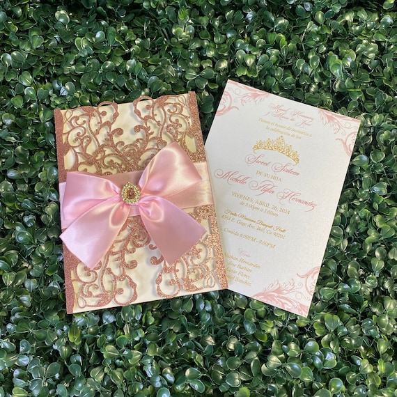 Rose Gold Glitter Quinceanera Invitation: Laser Cut Rhinestone Bow