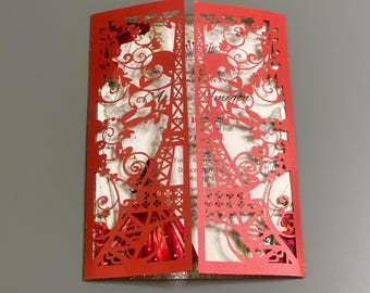 Red Eiffel Tower Laser Cut Quinceanera Invitation: Paris Invitation Design