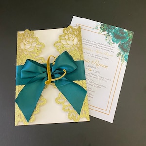 Gold Glitter Emerald Quinceanera Invitation: Acrylic Letter & Ribbon