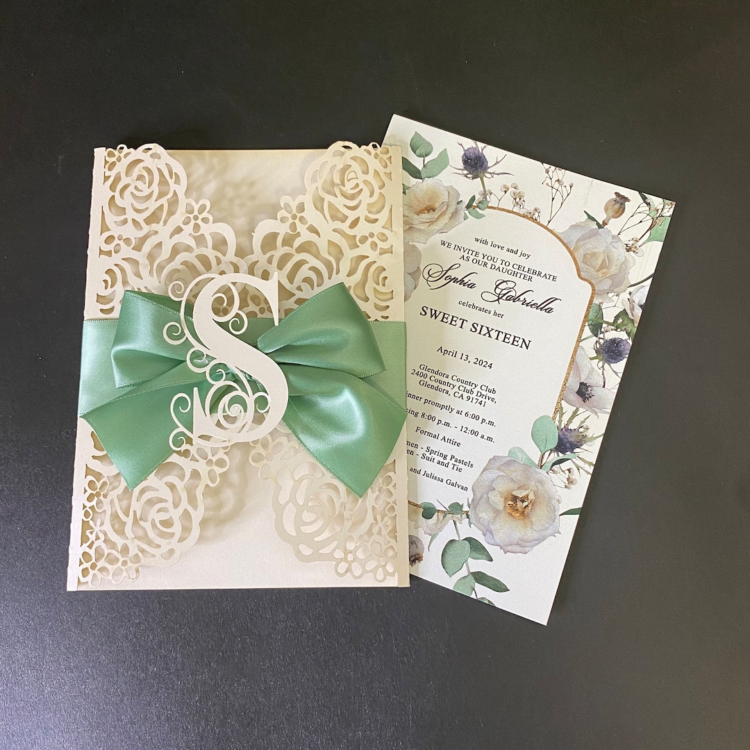 Sage Green Ribbon Quinceanera Invitation: Floral Laser-cut - Etsy