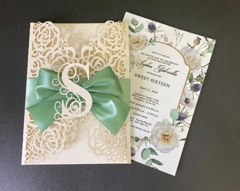 Sage Green Ribbon Quinceanera Invitation: Floral Laser-Cut
