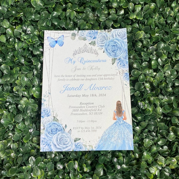 Pearl Printed Paper Quinceanera Invitation, Light Blue Invitation, Baby Blue Roses Invitation, Dusty Blue Floral, Shimmer Paper Invitation.