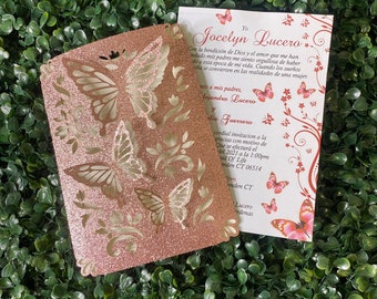 Rose Gold Glitter Butterfly Quinceanera Invitation