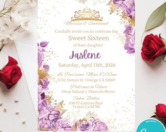 Lilac Floral Quinceañera Invitation: Gold Crown, Mis XV (PDF Download)