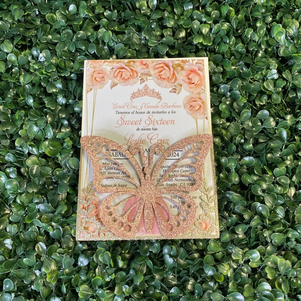 Champagne with Rose Gold Glitter Butterfly Quinceanera Invitation, Butterfly Pocket Quinceanera Invitation, Glitter Invitation, Blush Floral
